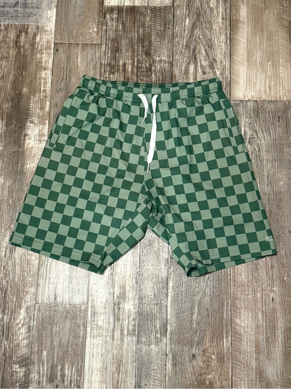 Men's Wind and Sea Shorts, Green Check Swim Shorts Size 34